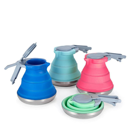 Light Green 1.5L Collapsible Silicone Camping Kettle - Portable Foldable Travel Water Boiler, Stainless Steel Base.