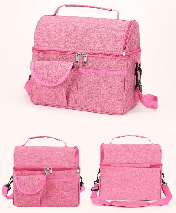 2 Pcs Pink Premium Double Layer Insulated Lunch Bag - 8.4L Thermal Cooler Tote with Shoulder Strap.
