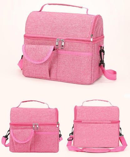 2 Pcs Pink Premium Double Layer Insulated Lunch Bag - 8.4L Thermal Cooler Tote with Shoulder Strap.