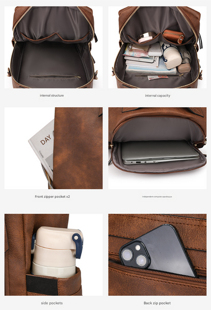 Brown Women's Vintage PU Leather Anti-Theft Backpack - Convertible Shoulder Bag & Laptop Rucksack for Travel & Daily Use