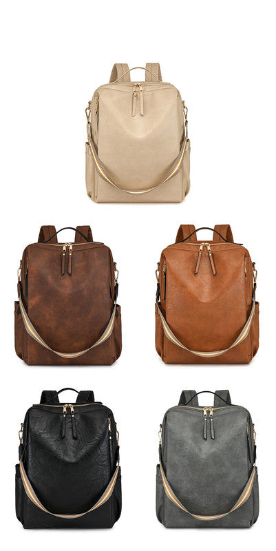 Grey Women's Vintage PU Leather Anti-Theft Backpack - Convertible Shoulder Bag & Laptop Rucksack for Travel & Daily Use