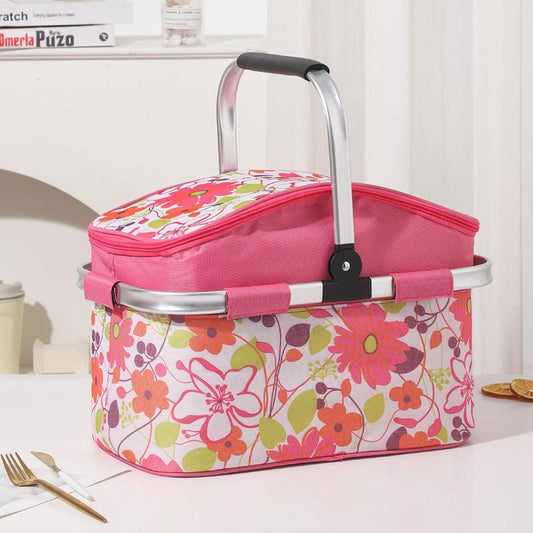 Pink and Floral Pattern Large 27L Foldable Insulated Picnic Basket Cooler Bag - Lightweight Thermal Hamper with Aluminum Handles for Outdoor, Shopping & Camping.