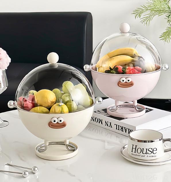 Beige Whimsical Covered Fruit Bowl with Flip Lid & Drainer - Cute Design Snack & Candy Dish for Living Room