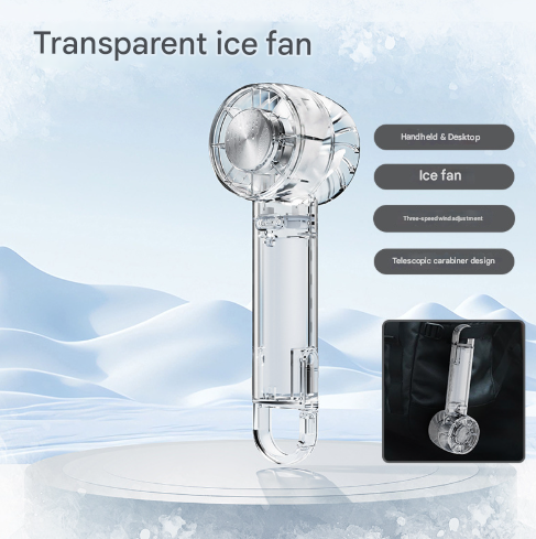 Transparent White Portable Mini Cooling Fan with Semiconductor Ice Compress - USB-C Rechargeable, 3-Speed Turbine & Transparent Design.