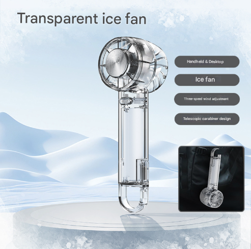 Transparent Black Portable Mini Cooling Fan with Semiconductor Ice Compress - USB-C Rechargeable, 3-Speed Turbine & Transparent Design.