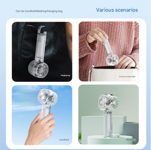 Transparent Black Portable Mini Cooling Fan with Semiconductor Ice Compress - USB-C Rechargeable, 3-Speed Turbine & Transparent Design.