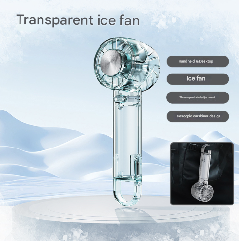 Transparent Green Portable Mini Cooling Fan with Semiconductor Ice Compress - USB-C Rechargeable, 3-Speed Turbine & Transparent Design.