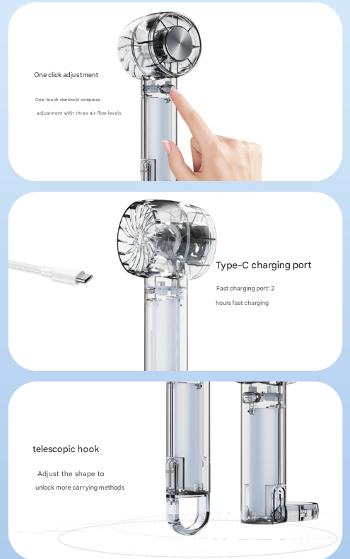 Transparent Green Portable Mini Cooling Fan with Semiconductor Ice Compress - USB-C Rechargeable, 3-Speed Turbine & Transparent Design.