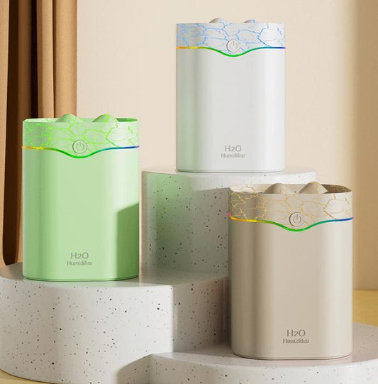 Green Volcano Style 2L Cool Mist Humidifier - Triple Nozzle with RGB LED & Quiet Operation.