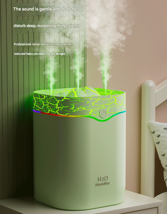 Green Volcano Style 2L Cool Mist Humidifier - Triple Nozzle with RGB LED & Quiet Operation.