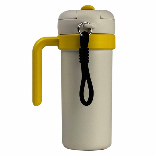 Beige and Yellow 700ml Insulated Stainless Steel Tumbler with Handle, Dual-Sip Lid, Straw & Tea Infuser.