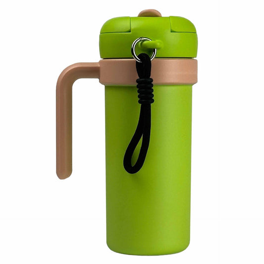 Green and Khaki 700ml Insulated Stainless Steel Tumbler with Handle, Dual-Sip Lid, Straw & Tea Infuser.