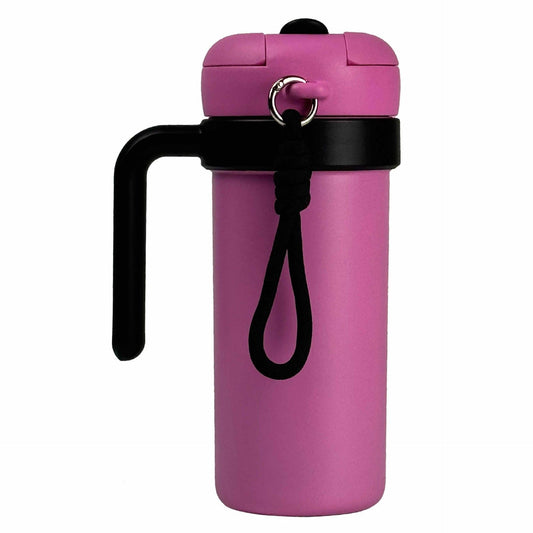 Pink and Black 700ml Insulated Stainless Steel Tumbler with Handle, Dual-Sip Lid, Straw & Tea Infuser.