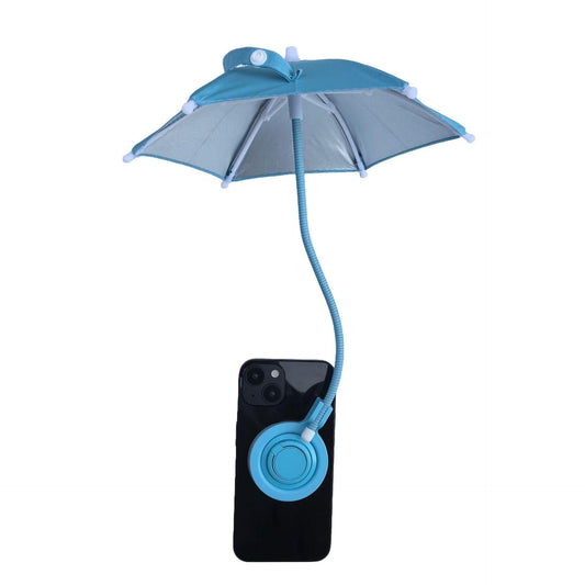 Blue Magnetic Phone Umbrella Sun Shade - Clear Outdoor Screen Visor, Anti-Glare Mini Parasol for iPhone.