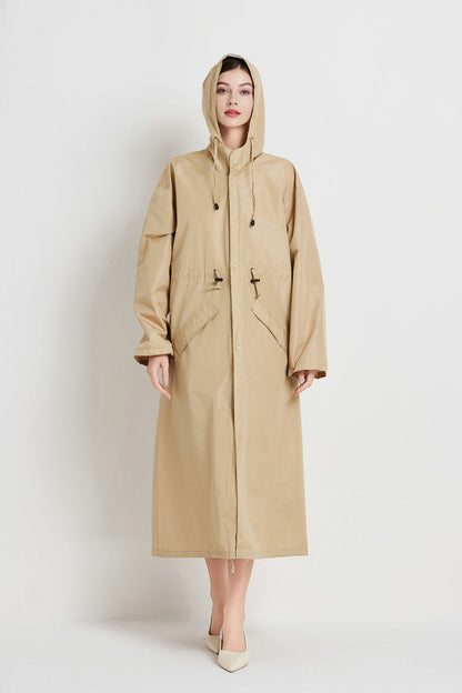 Size L Khaki Women's Chic Lightweight Waterproof Raincoat - Long Hooded Packable Rain Jacket with Pouch