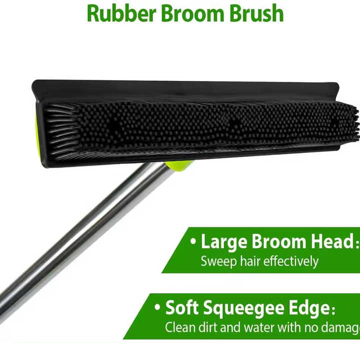 Green and Silver Versatile Pet Hair Remover Rubber Broom & Squeegee - 125cm Adjustable Stainless Steel Handle for Carpets, Floors & Windows
