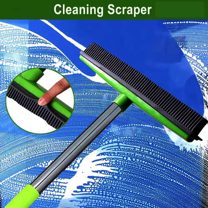 Black and Silver Versatile Pet Hair Remover Rubber Broom & Squeegee - 125cm Adjustable Stainless Steel Handle for Carpets, Floors & Windows