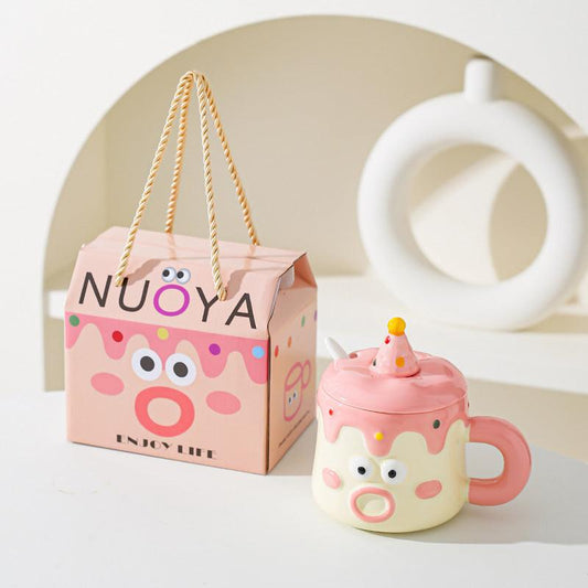Pink Adorable Cartoon Character Ceramic Mug Set - 420ml with Fun Cake Design Lid & Matching Spoon - Perfect Gift.