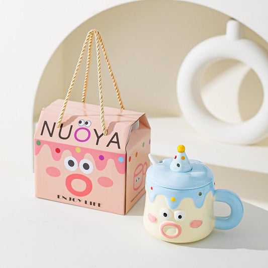 Blue Adorable Cartoon Character Ceramic Mug Set - 420ml with Fun Cake Design Lid & Matching Spoon - Perfect Gift.