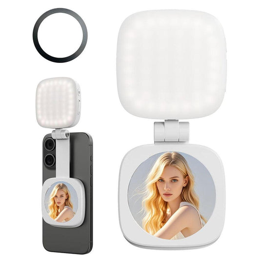 White Magnetic Foldable Selfie Light with Mirror - Rechargeable LED Fill Light for iPhone & Android Vlogging(Mobile phone is a shooting prop and is not included).