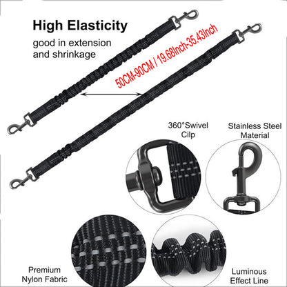 Grey 3-in-1 Tangle-Free Dog Leash for 1-3 Dogs - Heavy Duty Bungee Coupler with Reflective Stitching & Padded Handle