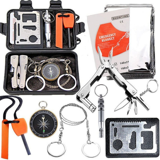 Black 8-in-1 Emergency Survival Kit - Compact Outdoor Gear for Camping, Hiking & Car.