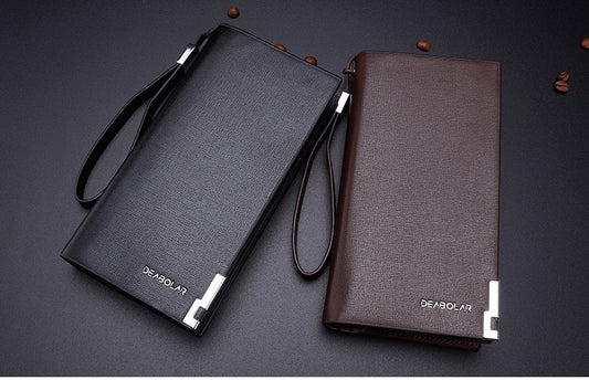 Brown Men's Business Casual Long Wallet Clutch - PU Leather Large Capacity Phone & Card Holder with Wrist Strap