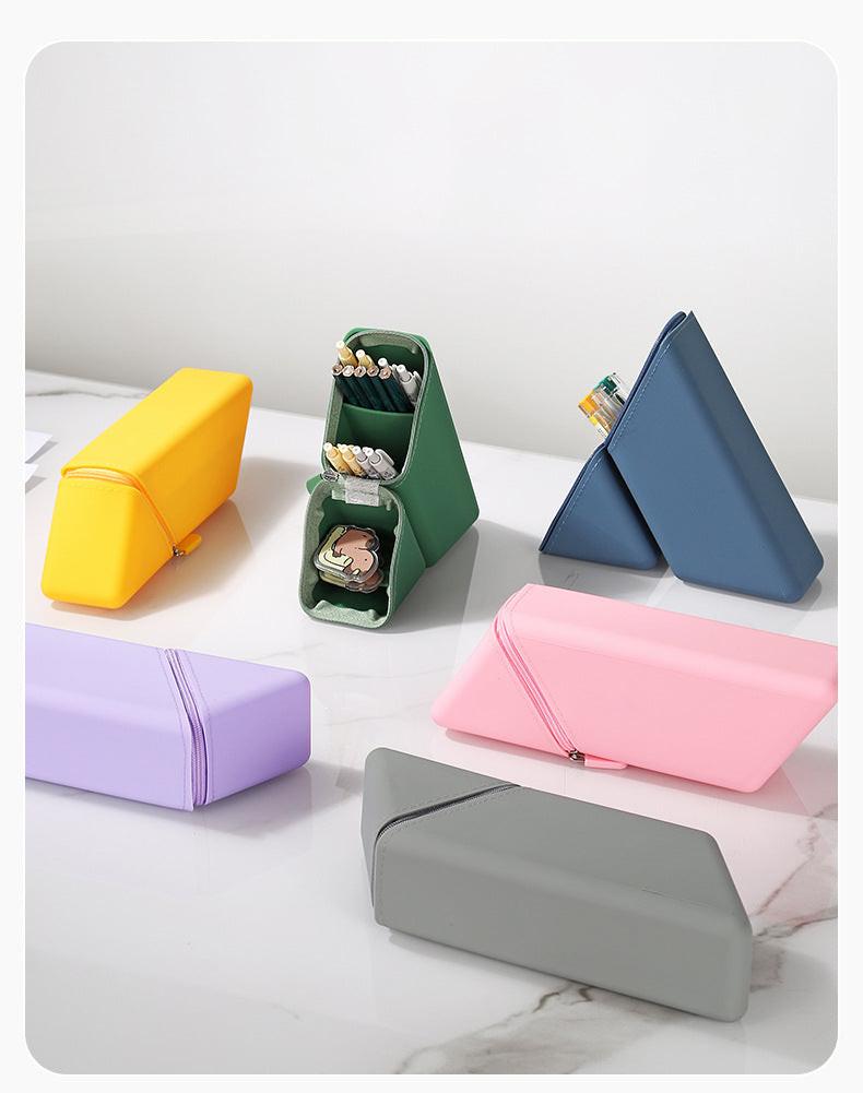 Yellow Transforming Silicone Pencil Case - Stand-Up Pen Holder & Stationery Organizer.