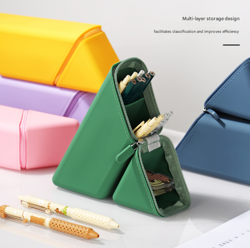 Green Transforming Silicone Pencil Case - Stand-Up Pen Holder & Stationery Organizer