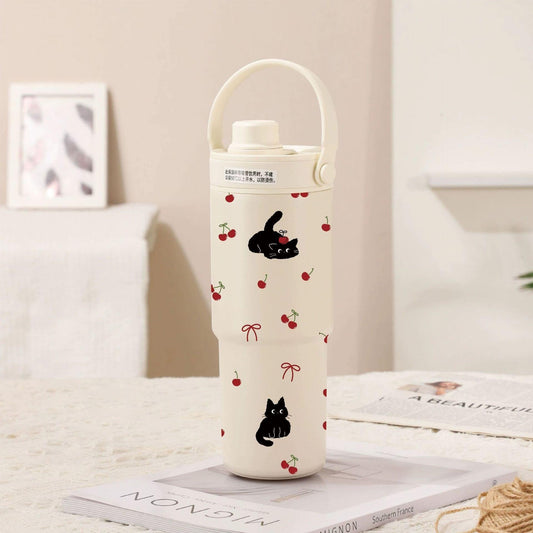 White-Cherry Black Cat 30oz Ceramic-Lined Insulated Tumbler with Handle, 735ml Stainless Steel Travel Mug.