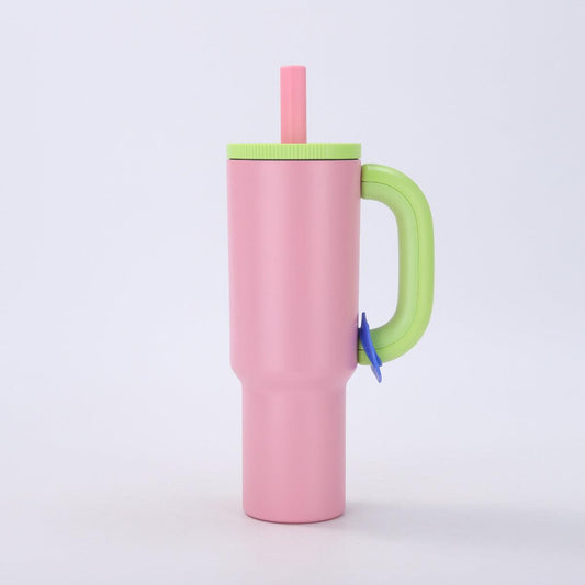 Pink 40oz Macron Stainless Steel Insulated Tumbler with Handle and Straw - 14.8 x 10.5 x 28 cm Large Capacity Car-Friendly Travel Mug.
