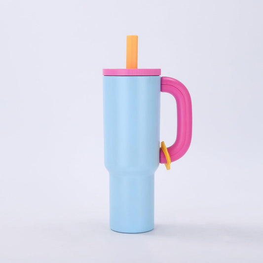 Blue 40oz Macron Stainless Steel Insulated Tumbler with Handle and Straw - 14.8 x 10.5 x 28 cm Large Capacity Car-Friendly Travel Mug.