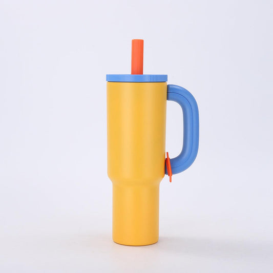 Yellow-blue 40oz Macron Stainless Steel Insulated Tumbler with Handle and Straw - 14.8 x 10.5 x 28 cm Large Capacity Car-Friendly Travel Mug.