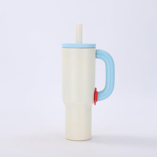 White-blue 40oz Macron Stainless Steel Insulated Tumbler with Handle and Straw - 14.8 x 10.5 x 28 cm Large Capacity Car-Friendly Travel Mug.