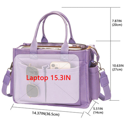Blue Stylish Women's Large Canvas Tote Bag - 15.3in Laptop Mommy Bag with Crossbody Strap