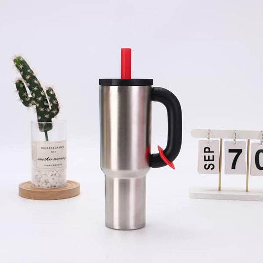 Steel Color 40oz Macron Stainless Steel Insulated Tumbler with Handle and Straw - 14.8 x 10.5 x 28 cm Large Capacity Car-Friendly Travel Mug.