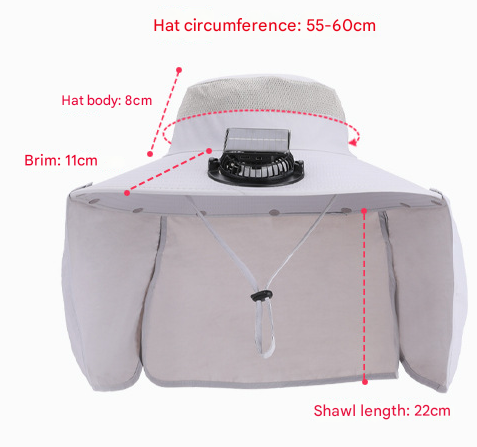 Navy Blue Outdoor Solar Fan Sun Hat - Large Brim Fishing Hiking Hat with Neck Cape