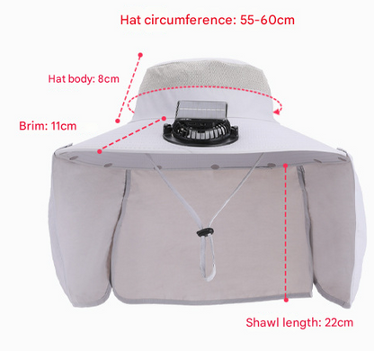Navy Blue Outdoor Solar Fan Sun Hat - Large Brim Fishing Hiking Hat with Neck Cape