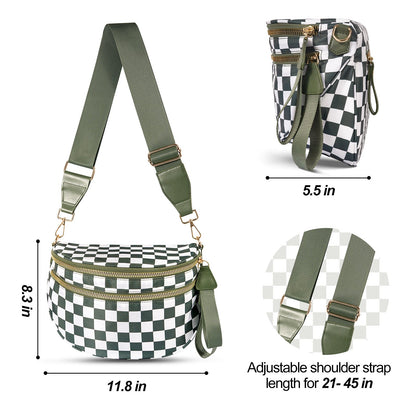 Light Purple Checkered Trendy Sling Bag - Women's Crescent Crossbody Purse with Wide Adjustable Strap
