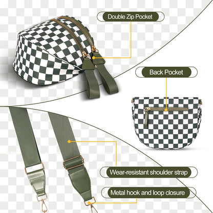 Light Purple Checkered Trendy Sling Bag - Women's Crescent Crossbody Purse with Wide Adjustable Strap