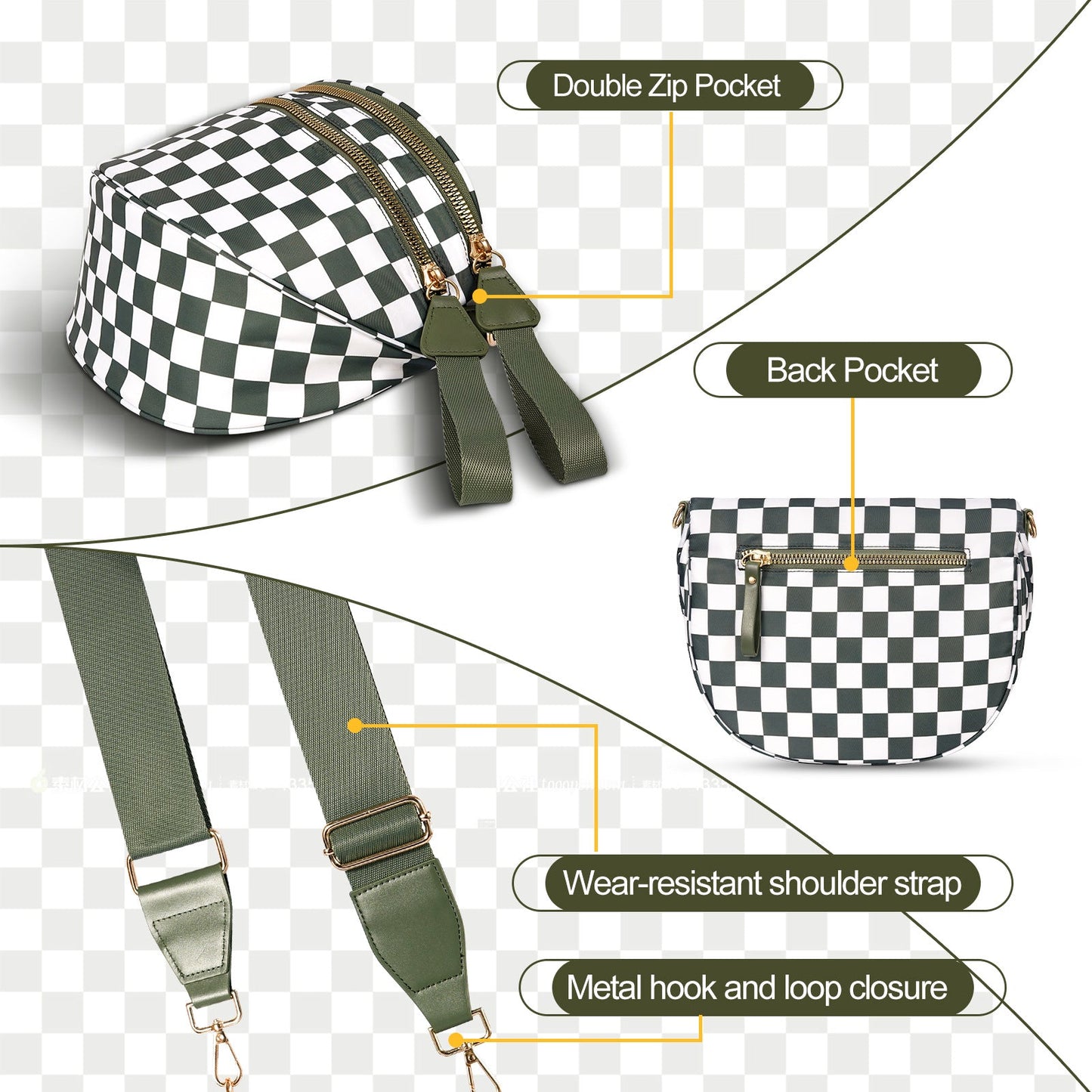 Dark Purple Checkered Trendy Sling Bag - Women's Crescent Crossbody Purse with Wide Adjustable Strap