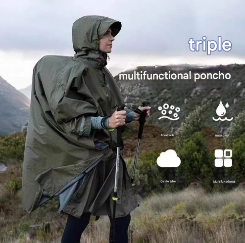 Green 3-in-1 Waterproof Rain Poncho - Lightweight Hooded Raincoat, Ground Tarp & Emergency Shelter for Hiking, Camping, and Outdoor Survival