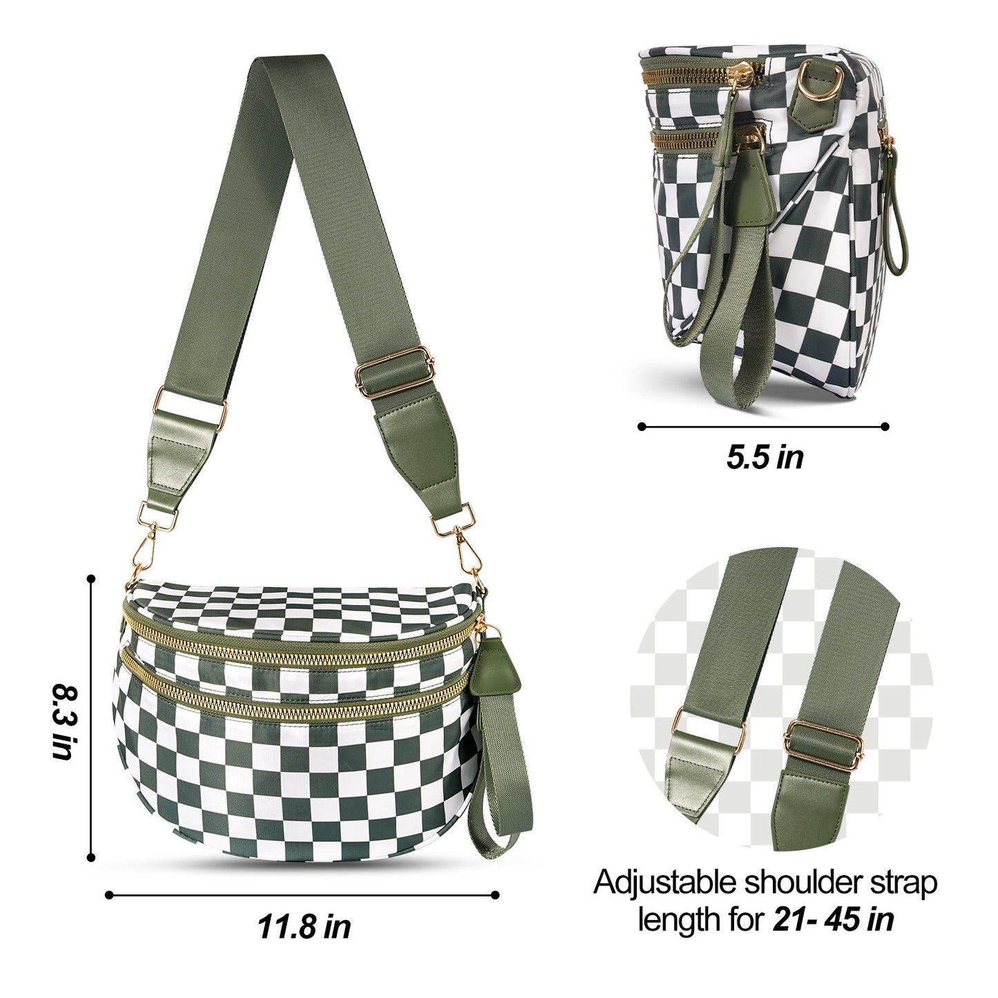 Coffee White Checkered Trendy Sling Bag - Women's Crescent Crossbody Purse with Wide Adjustable Strap