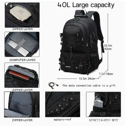 Grey 40L Large Capacity Travel Backpack - Water-Resistant Hiking Rucksack with USB Charging Port
