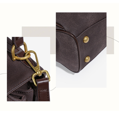 Coffee Women's Vintage Suede Satchel Bag - Elegant Top Handle Purse with Gold Lock