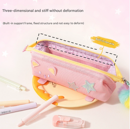 Green Cute Cat Pencil Case for Girls - Large Capacity Sparkly Stationery Pouch with Fluffy Pom Pom.