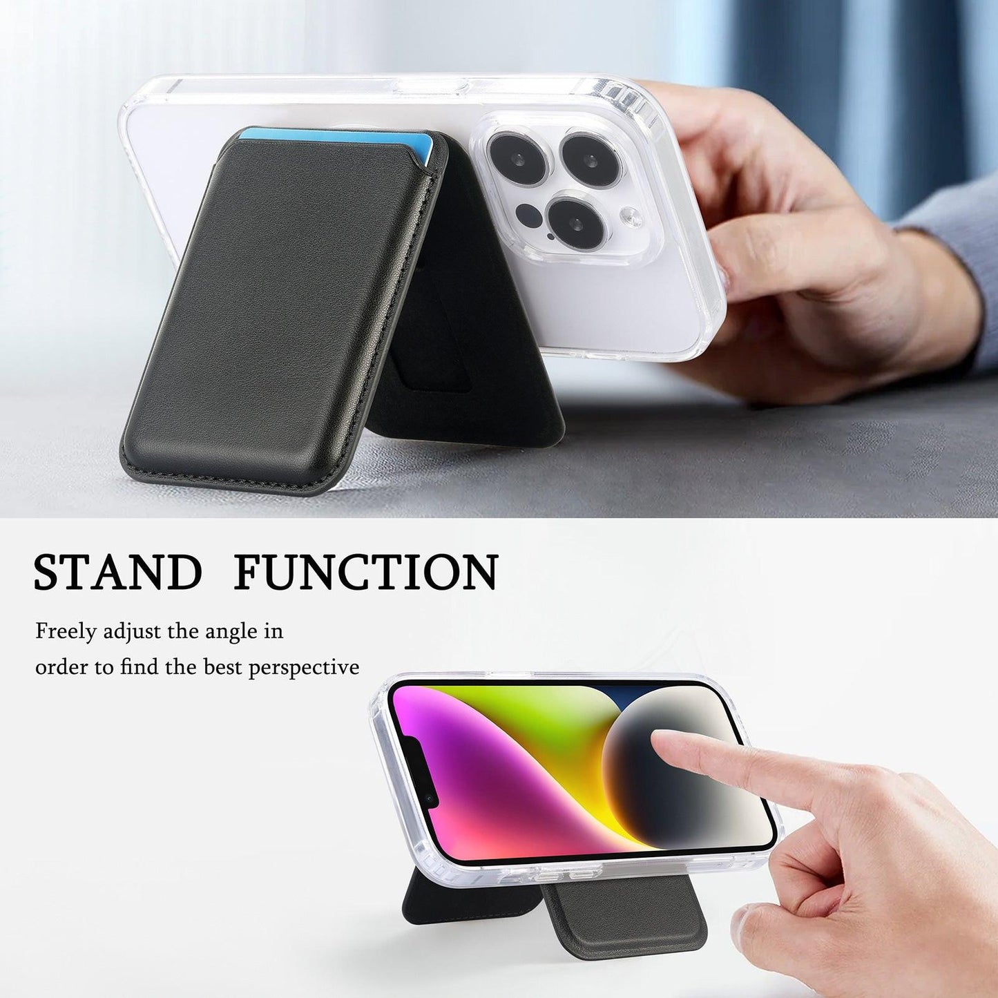 Black Slim Magnetic Card Holder Wallet with Adjustable Kickstand - MagSafe Compatible.