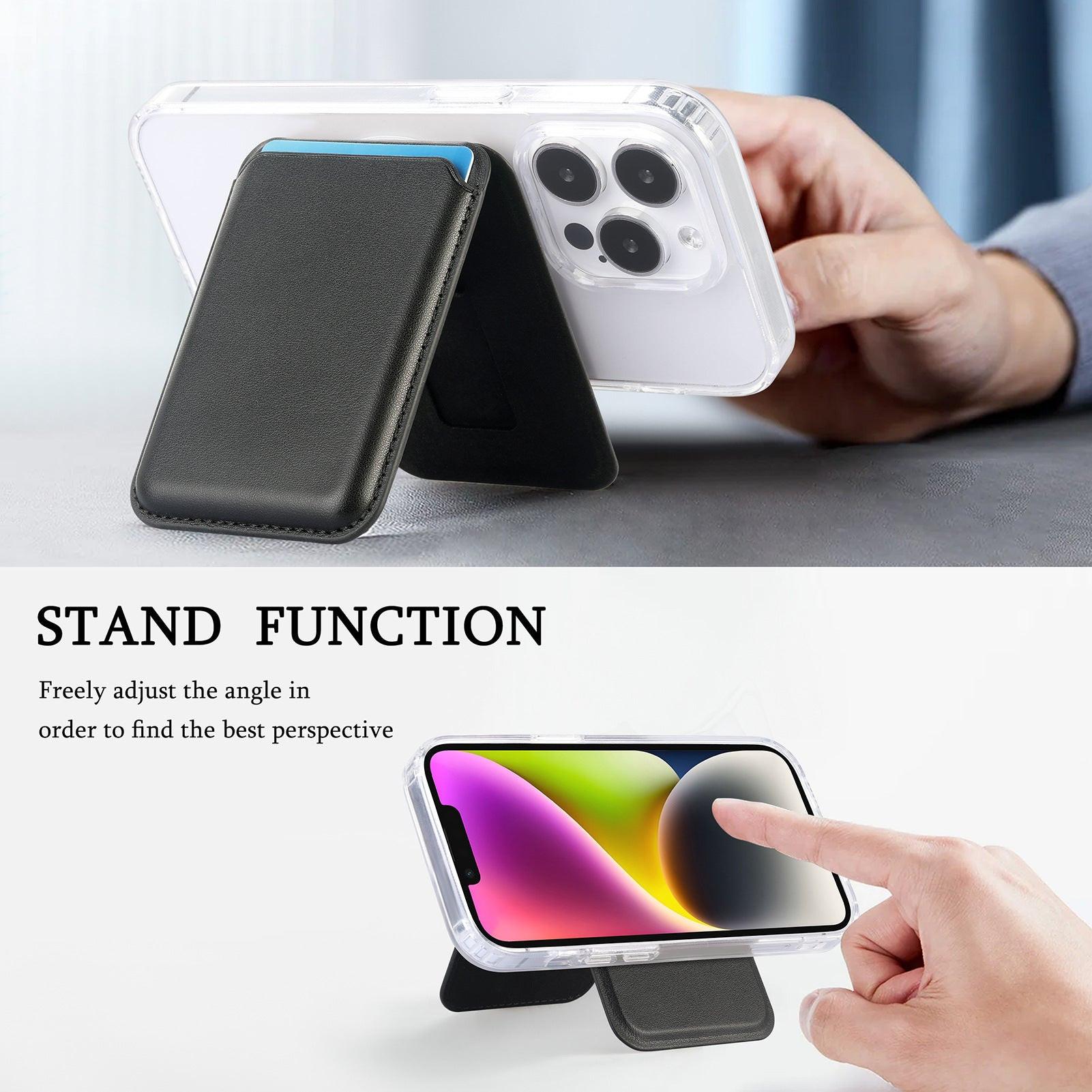 Black Slim Magnetic Card Holder Wallet with Adjustable Kickstand - MagSafe Compatible.
