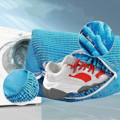 Blue 2piece Durable Sneaker Wash Bag for Washing Machine - Anti-Deformation Shoe Protector with Chenille Fabric