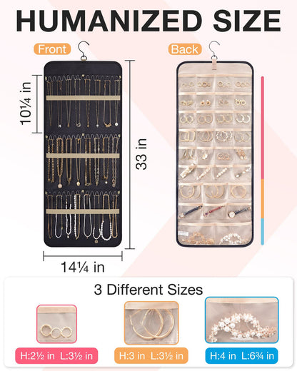 Black Hanging Jewelry Organizer - Closet Storage for Necklaces, Earrings, and Rings with Clear Pockets(14*33inch)